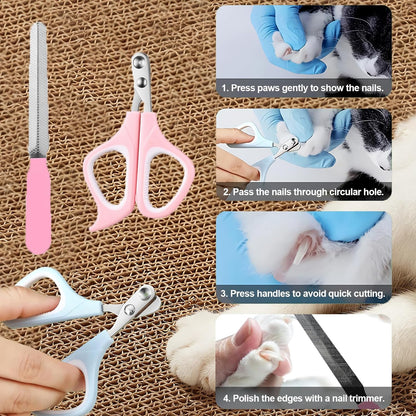 Cat Grooming Kit, 4-in-1 Cat Grooming Tools with Cats Brush, Flea Comb, Nail Clipper & Trimmer - Deshedding & Dematting for Pets Hair and Paws, Pet Shedding Set for Indoor Dogs & Cats (Pink)