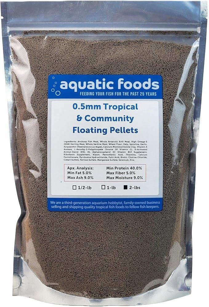 Aquatic Foods Inc. 0.5mm - 1/64" Tropical & Community Fish Floating Micro Pellets for Tetras, Guppies, Angel Fish, Small Cichlids, Goldfish. All Tropical Fish. - WL…2-lbs Foil Pouch Bag