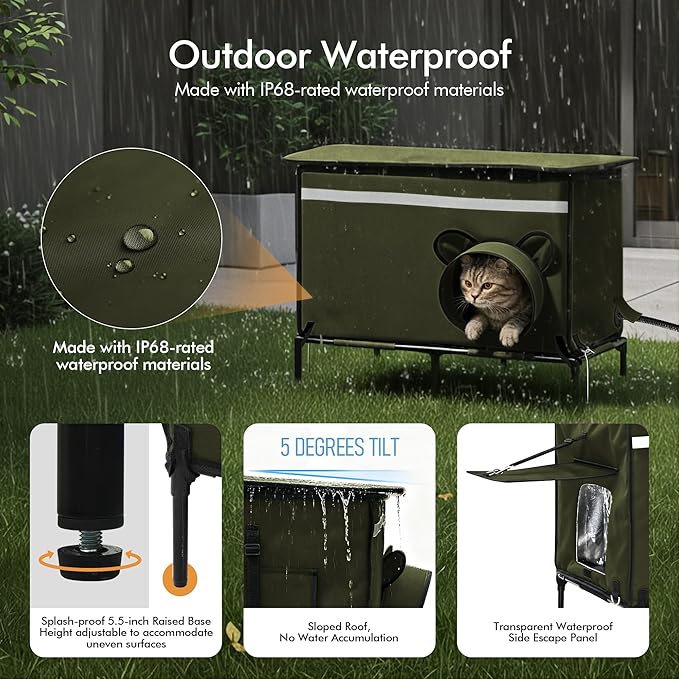 Heated Outdoor cat House for Outside, Weatherproof Insulated Feral Cat Shelter with Timer-Temp Control Heating Pad in Winter, Large Elevated Outdoor Cat House with Zipper, 2 Doors, Safety- Army Green