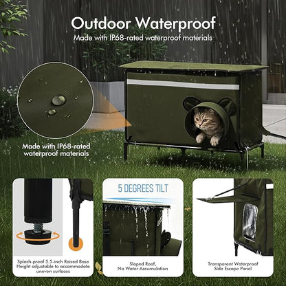 Heated Outdoor cat House for Outside, Weatherproof Insulated Feral Cat Shelter with Timer-Temp Control Heating Pad in Winter, Large Elevated Outdoor Cat House with Zipper, 2 Doors, Safety- Army Green