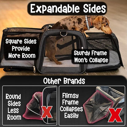 Pet Carrier with Wheels | Delta American Frontier Airline Approved | Two Expandable Sides, Storage Pockets Adjustable Leash | Rolling Dog and Cat Carrier TSA Compliant (Light Grey 17x12.5x11)