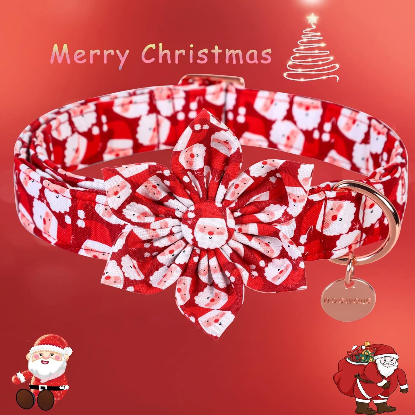 DOGWONG Christmas Dog Collar with Flower, Red Santa Claus Dog Collar Soft Durable Adjustable Cotton Puppy Collar for Small Medium Large Dog