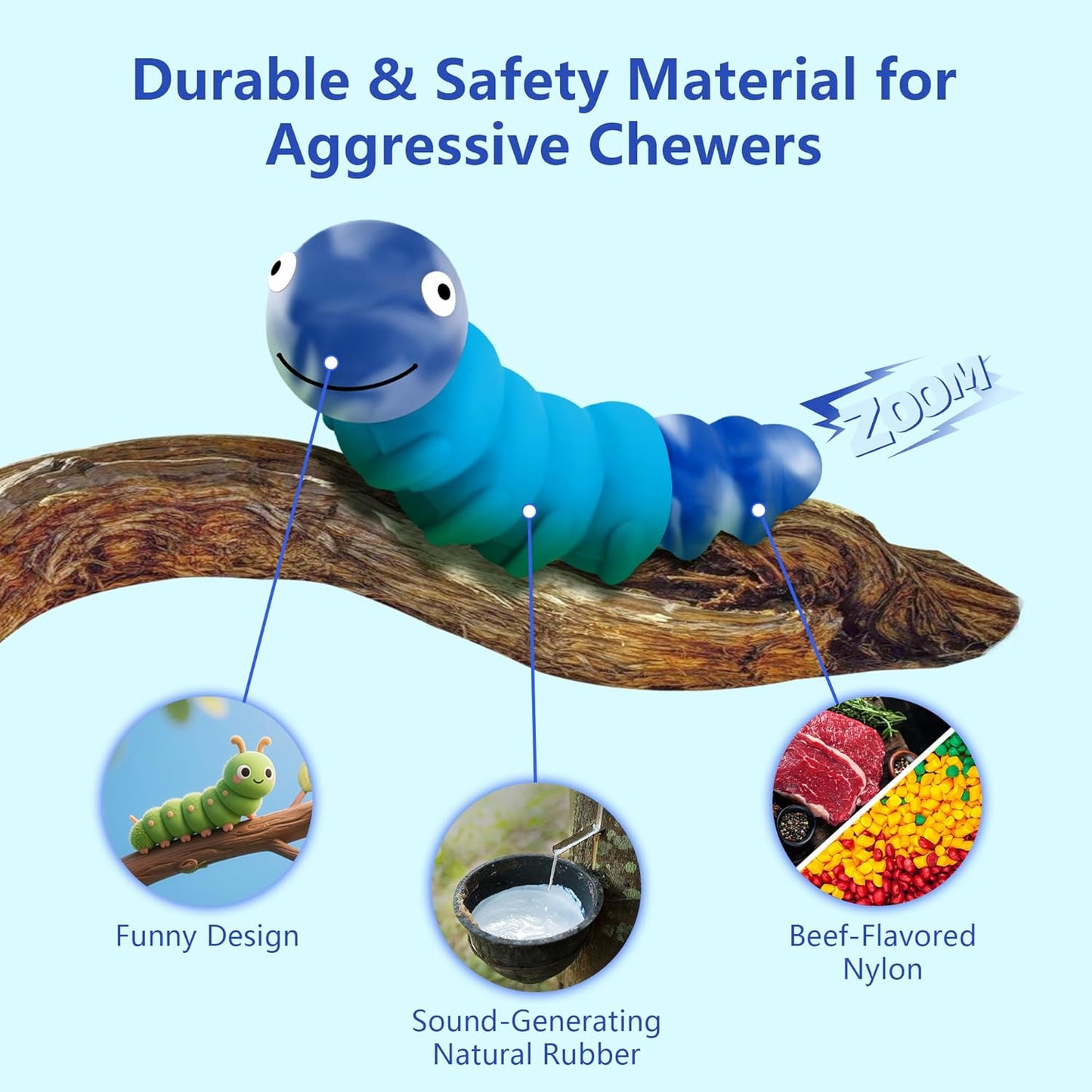 Caterpillar Dog Chew Toys for Aggressive Chewers, Tough Indestructible Squeaky Dog Toy with Beef Flavor Nylon Rubber for Large Medium Dogs to Keep Them Busy and Reduce Boredom (Blue)