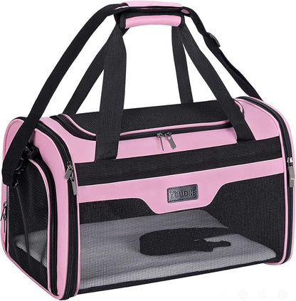 BALEINE Cat Carrier, Puppy Dog Carrier for Small Medium Pets Up to 15 Lbs, Soft-Sided Dog Travel Bag with Safety Zippers, Collapsible Pet Carrying Case (Pink, L, 17"x11"x11")