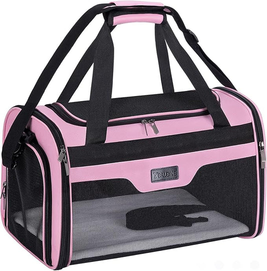 BALEINE Cat Carrier, Puppy Dog Carrier for Small Medium Pets Up to 15 Lbs, Soft-Sided Dog Travel Bag with Safety Zippers, Collapsible Pet Carrying Case (Pink, L, 17"x11"x11")