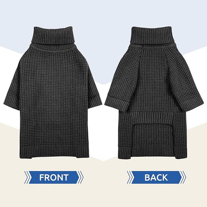 Queenmore Turtleneck Long Sleeve Knitted Dog Sweater With Check Pattern, Fall Winter Warm for Small Medium Large Dogs, Solid Pull-on Pet Sweater for Cats, Charcoal Gray 3XL