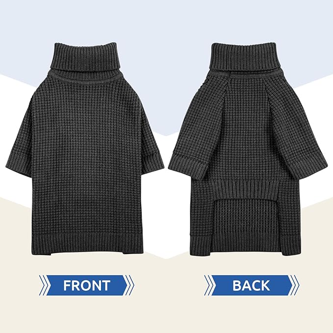 Queenmore Dog Turtleneck Long Sleeve Knitted Pet Sweater with Check Pattern - Fall Winter Warm Dog & Cat Sweater, Charcoal Gray XL