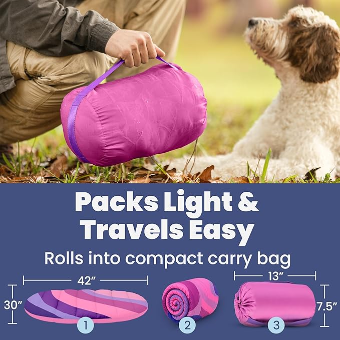 Travel Dog Bed Mat (42" x 30") – Foldable, Packable Outdoor Camping Dog Bed – Lightweight, Water Resistant & Cozy with Soft Padding – Compact, Portable & Machine Washable – Large & Small Breeds - Pink