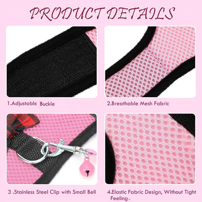 4 Pieces Guinea Pig Harness and Leash Soft Mesh Small Pet Harness with Bowknot Bell, No Pulling Comfort Padded Vest for Guinea Pigs, Ferret, Chinchilla, Bunny, Rats, Iguana, Hamster
