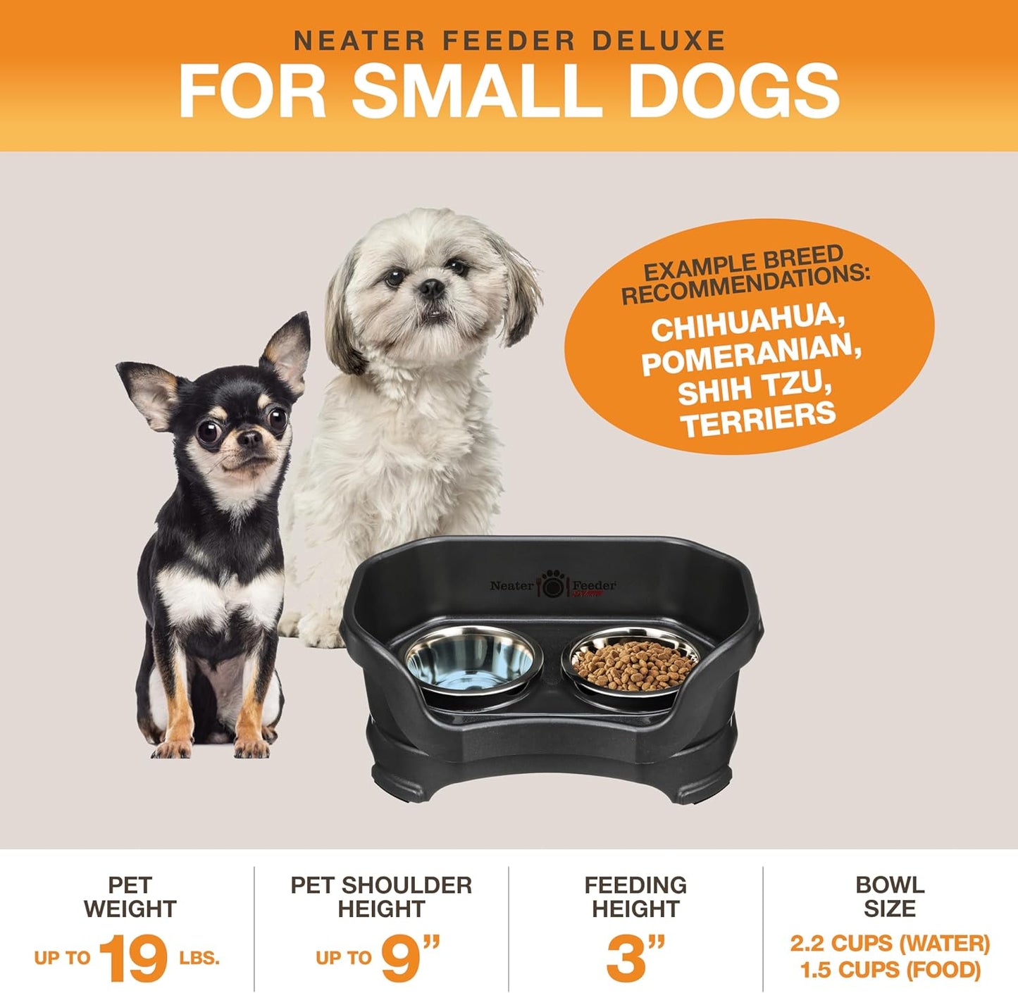 Neater Pet Brands Neater Feeder Deluxe Mess Proof Dog Bowls Elevated for Small Dogs Under 19 lbs, Made in USA, No Spill Raised Dog Food Bowl Stand Feeding Station, Food and Water Bowl Set, Black