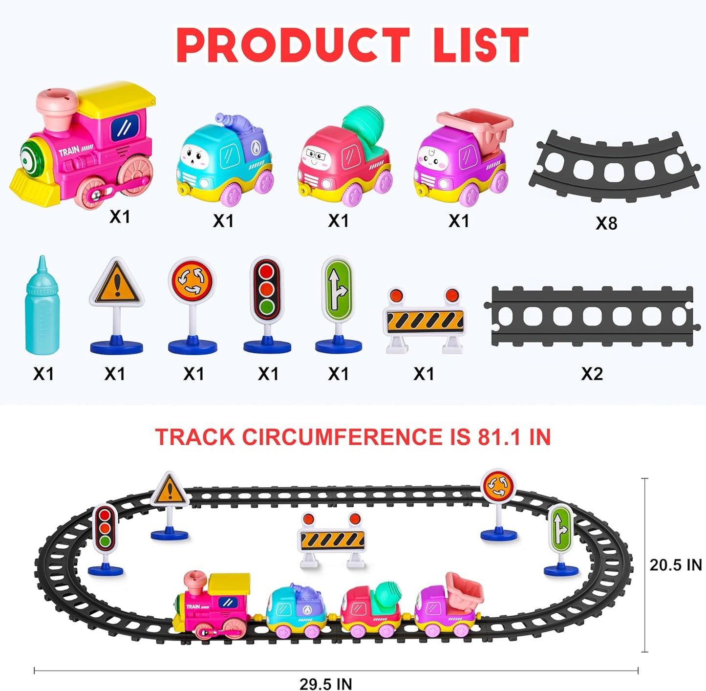 Funwee Steam Track Train Set for Toddlers, Magnetic Connection Train Toys w/Lights & Sounds, Electric Cartoon Choo Choo Train, Toy Train Christmas Birthday Gift for Toddlers 2 3 4 5+ Boy Girl (Pink)