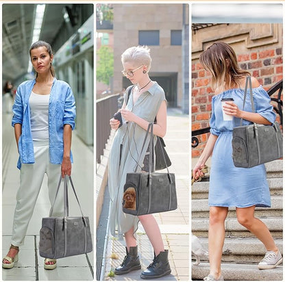Fashion Dog Purse Pet Carrier Leather Bag for Small Dogs Cats Puppy, Portable Tote Bag Airline Approved Soft-Sided Carriers (Grey)
