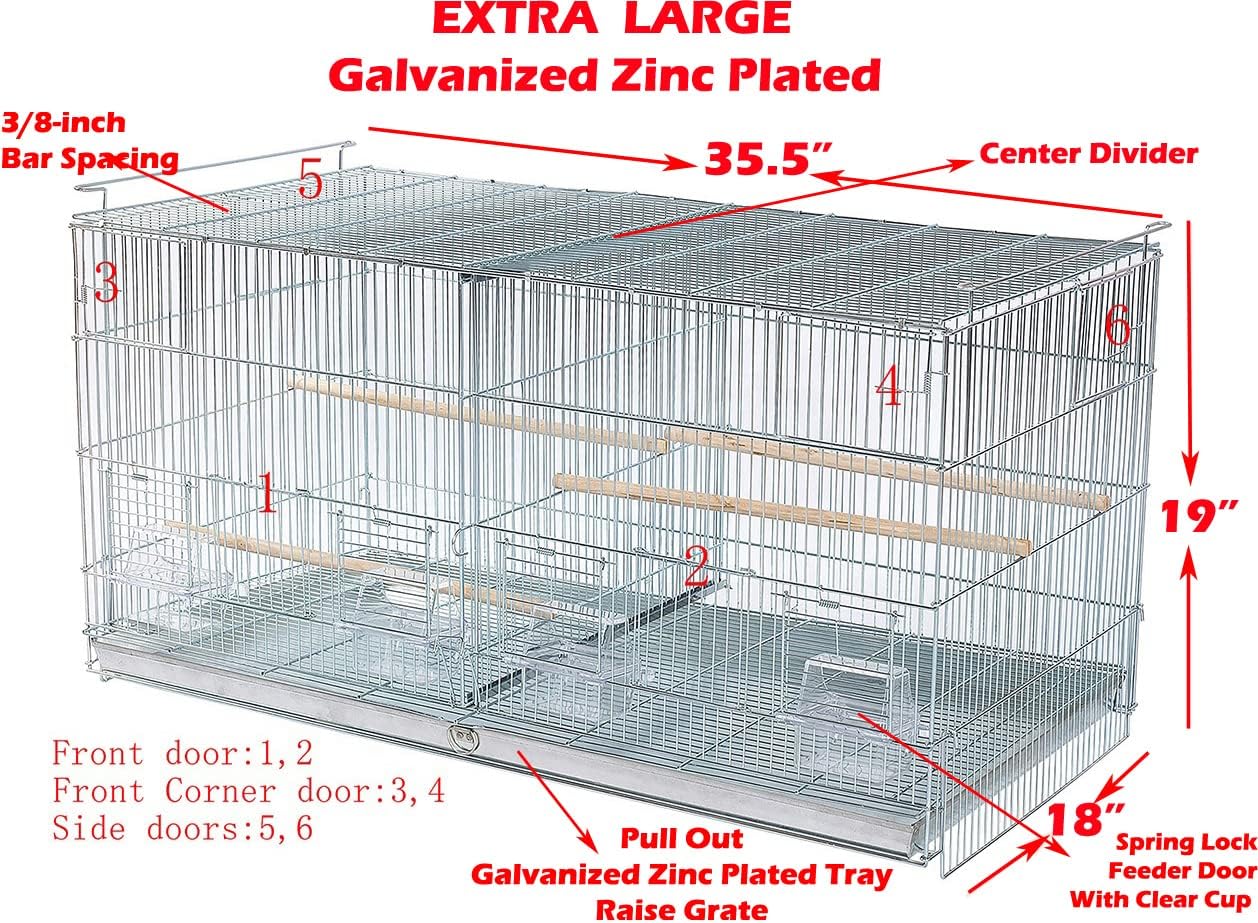 Lot-2 Extra Large 35.5"x18"x19"H No Rust Stainless Galvanized Zinc Stackable Breeder Bird Flight Cage Side Breeding Nest Box Door Removable Divider with Removable Rolling Stand