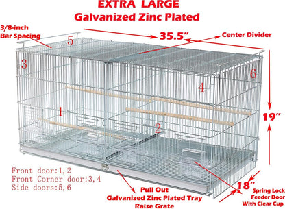 Lot-2 Extra Large 35.5"x18"x19"H No Rust Stainless Galvanized Zinc Stackable Breeder Bird Flight Cage Side Breeding Nest Box Door Removable Divider with Removable Rolling Stand