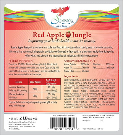 Scenic Apple Jungle Premium Parrot Food, Apple, Natural Flavors, High Protein, Low Iron Bird Pellets for Large Parrots, Macaw Food, Cockatoo, African Grey Parrots, Omega 3, Vitamins, 2lb (Pack of 2)