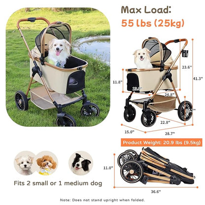 3-in-1 Pet Stroller for Small Dogs & Cats up to 33lbs, One-Touch Fold 4-Wheel Cart with Removable Carrier, Rear Brake & Storage Basket