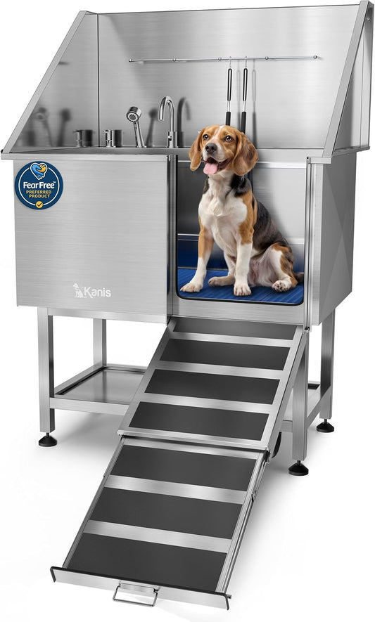 KANIS Professional Dog Washing Station - 304 Stainless Steel Pet Wash Sink & Grooming Bathtub w/Shower, Floor Grates and Storage for Large, Medium & Small Pets (40", Shelf - Right Ramp)