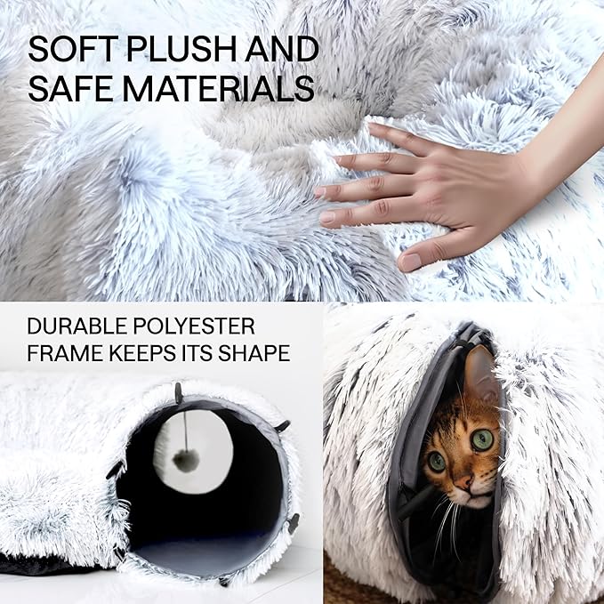 Cat Tunnel Bed with Cat Toys - Bed Donut Cave – XL Plush Circle Hideaway for Indoor Cats, 3-in-1 Foldable Play Tunnel & Cozy Bed, Gift-Ready House Under Christmas Tree