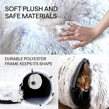 Cat Tunnel Bed with Cat Toys - Bed Donut Cave – XL Plush Circle Hideaway for Indoor Cats, 3-in-1 Foldable Play Tunnel & Cozy Bed, Gift-Ready House Under Christmas Tree