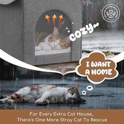 Outdoor Cat House Weatherproof, Insulated Cat Houses for Outdoor/Indoor Cats for Winter, Waterproof Feral Stray Cat Shelter with Warm Cushion and Door Curtain, Easy to Assemble, Grey