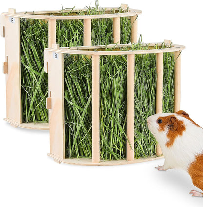 2PCS Guinea Pig Hay Feeder - Wooden Rabbit & Bunny Hay Holder Hanging Rack with Instructions - Suitable for Chinchilla, Ferret & Rabbit Cages