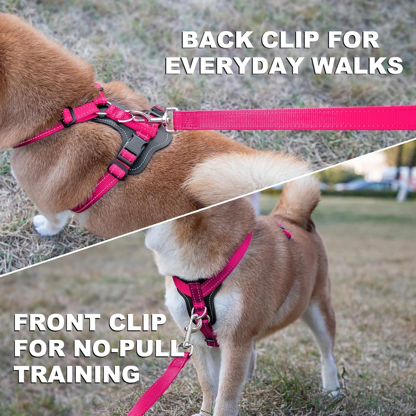 Plutus Pet Adjustable No Pull Dog Harness with Leather Accents, Heavy Duty Reflective Nylon Vest for Training, Hiking, Easy Walk Harness for Small, Medium, Large Dogs (Hot Pink, M)