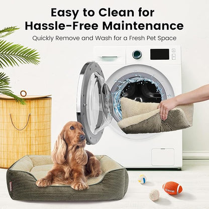 Miguel Dog Bed with Removable Cushion/Pillow for Medium Small Dogs, Washable Pet Bed with Side Easy to Wash Puppy Bed, Large Rectangle Cat Bed for Indoor Cat with Anti-Slip Bottom, Khaki 25 Inch