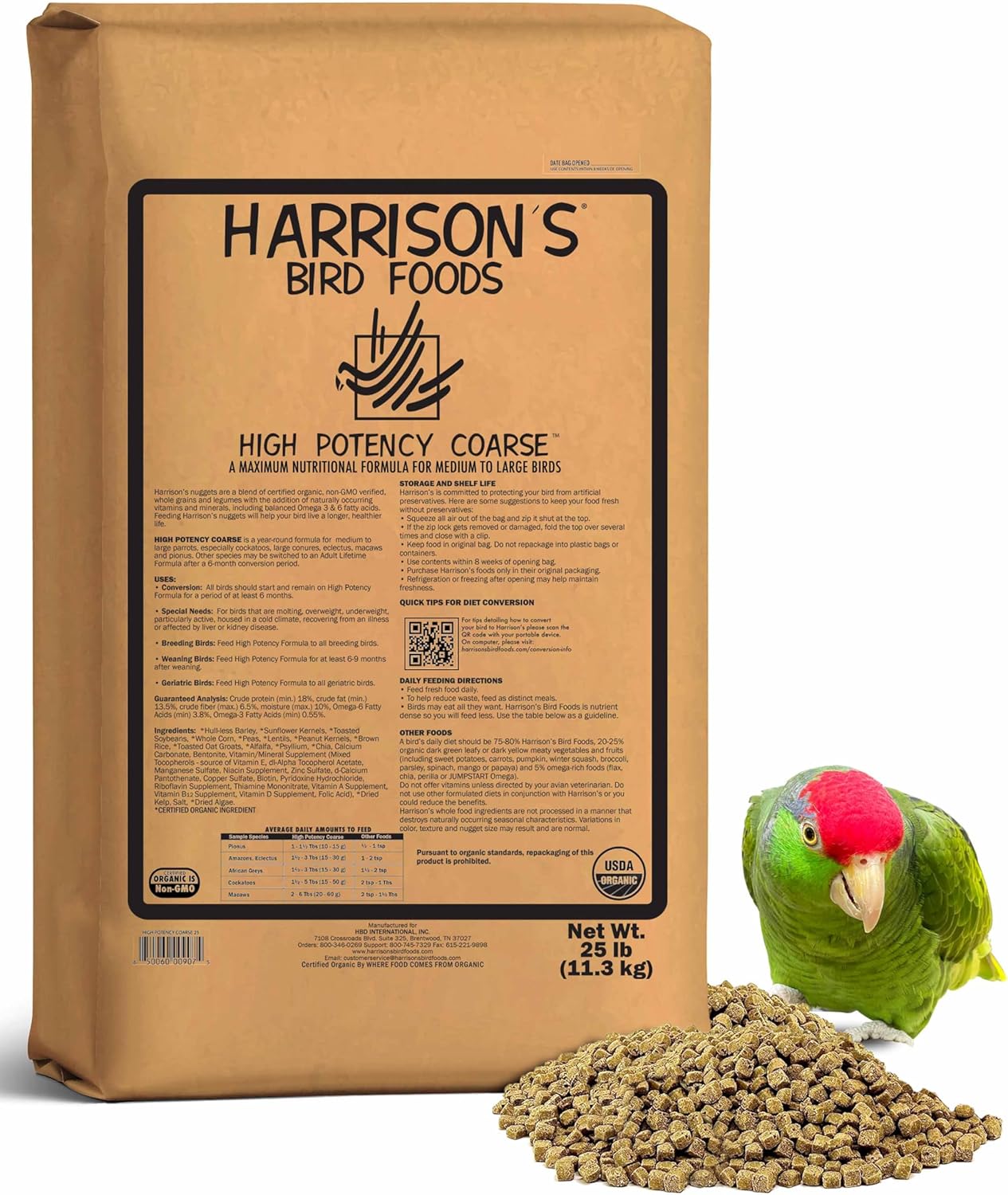 Harrison's Bird Foods High Potency Coarse—Maximum Nutritional Formula for Medium to Large Birds, Certified Organic Non-GMO Pet Bird Food, Vet-Developed, Suitable for All Life Stages, 11.3 kg/ 25 lb