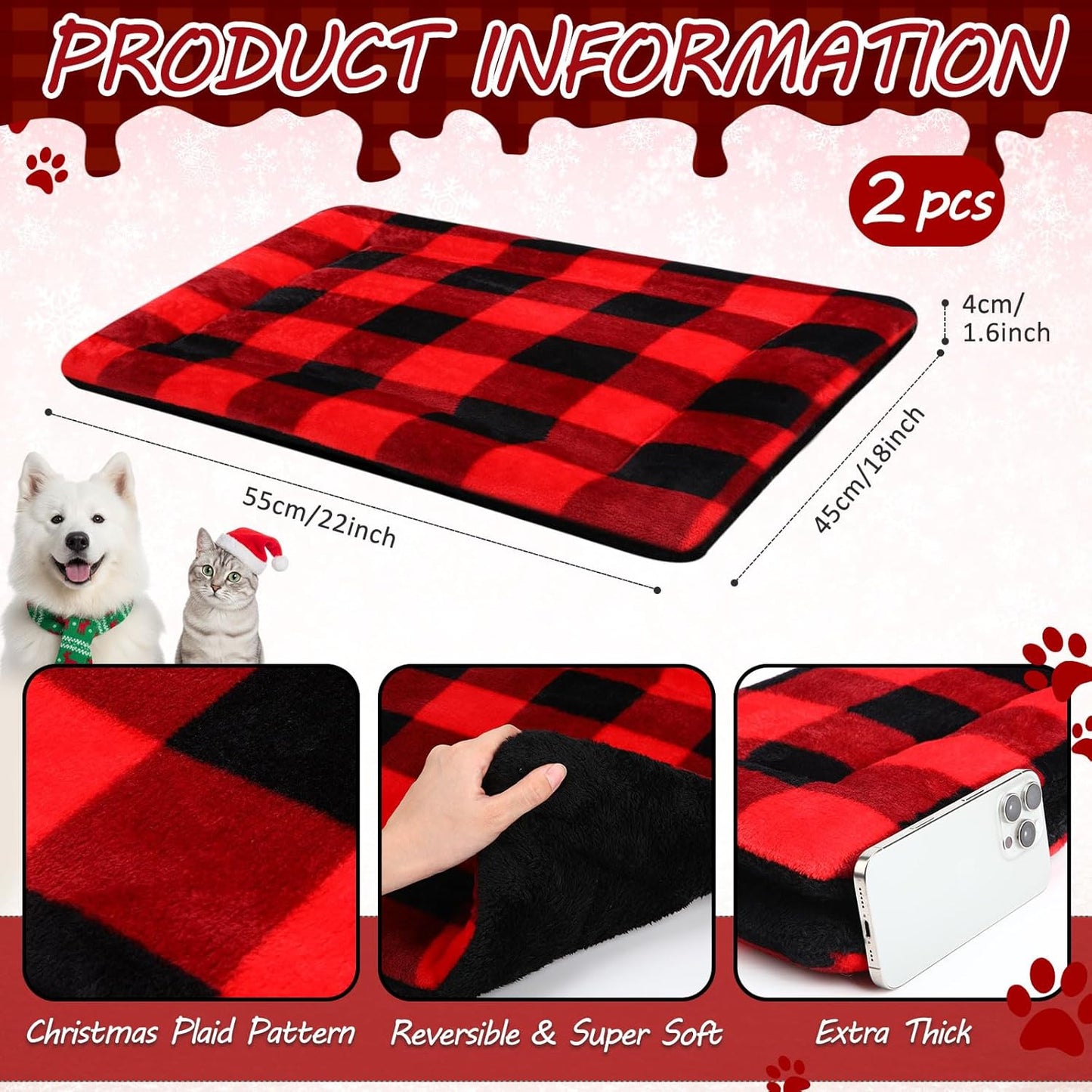 VitalCozy 2 Pack Self Warming Cat Mat Self Heating Pad Bed Reversible Machine Washable Reflects Body Heat Warm Thermal Pet Pad Crate Blanket for Feral and Indoor Cat (Black, Red,22'' X 18'',Plaid)