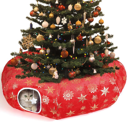 Cat Tunnel Bed for Indoor Cats, XL Christmas Tree Skirts Washable Warm Soft Indoor Cat Donut Tunnel, Multifunctional Cat Interactive Playground Toys for Felines Pet Christmas Tree Decoration