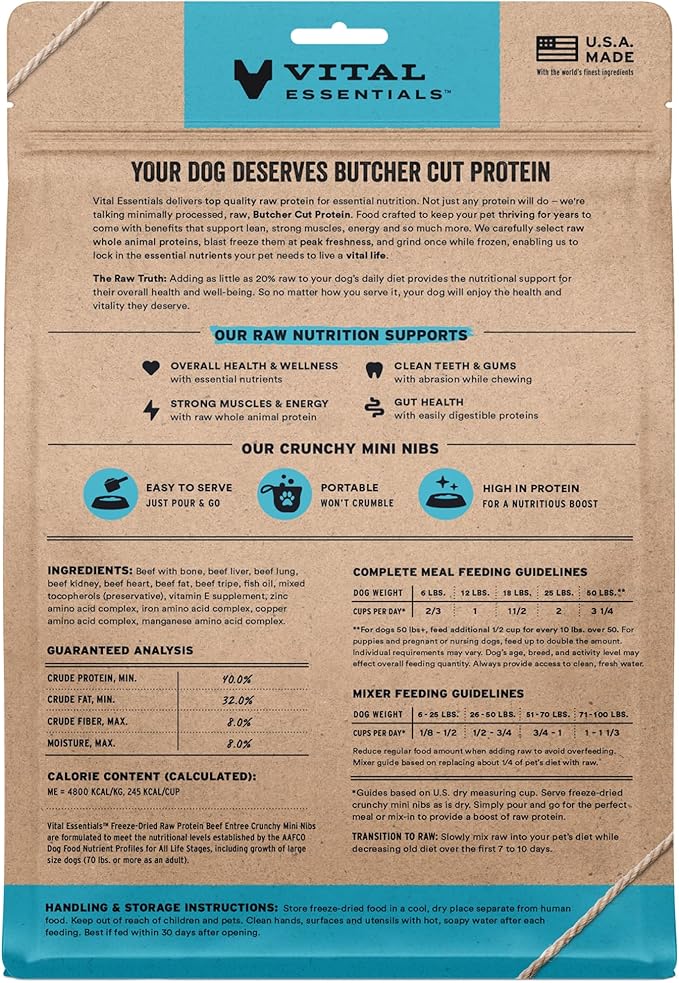 Vital Essentials Freeze-Dried Raw Beef Meal or Mixer Dog Food Crunchy Mini Nibs, 14 oz