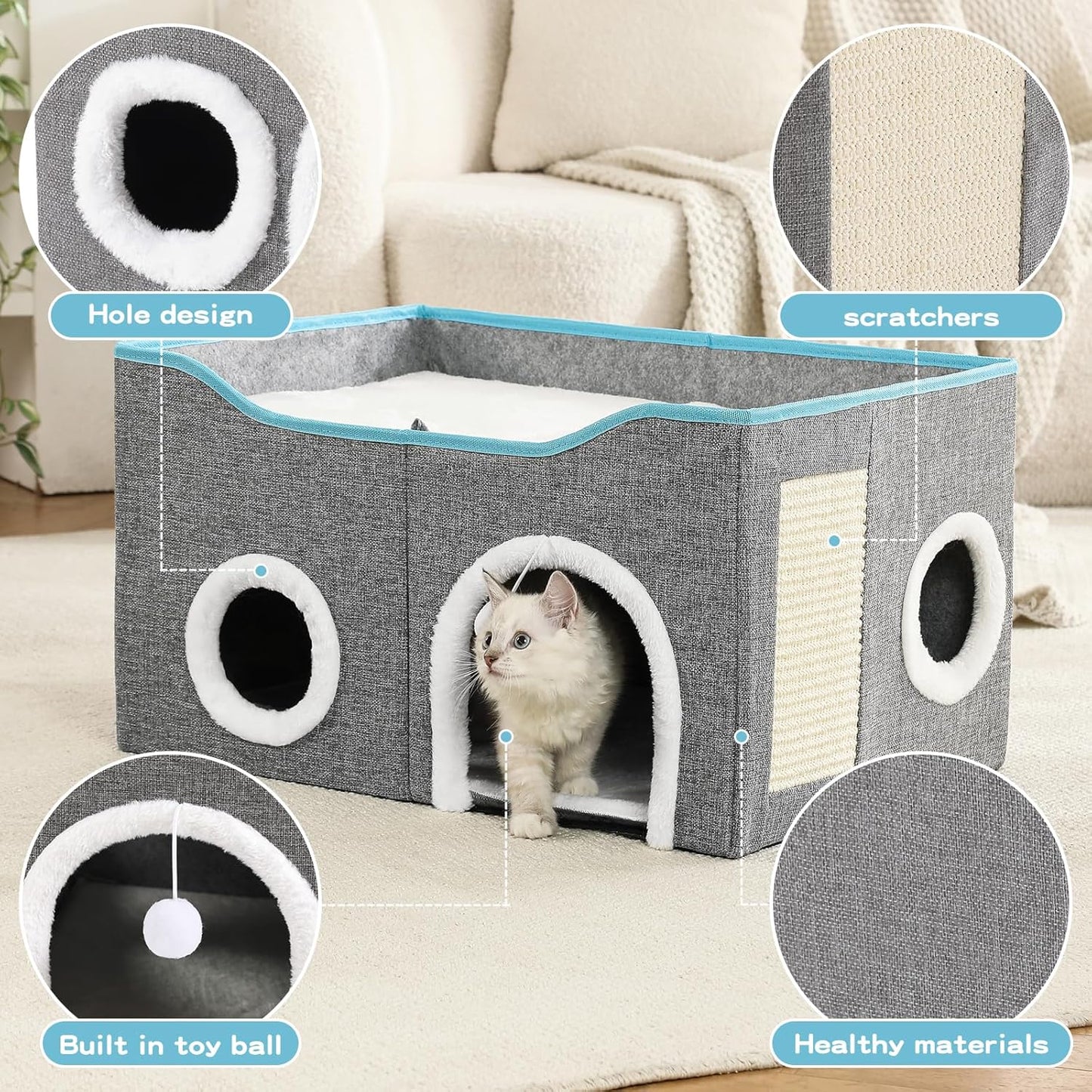 Large Cat Bed for Indoor Cats, Extra Wide Cat Cave House with Scratch Pad and Fluffy Ball, Foldable Cat Hideaway for Kitten Bed, Cat Condo for Cats (Grey, X-Large)