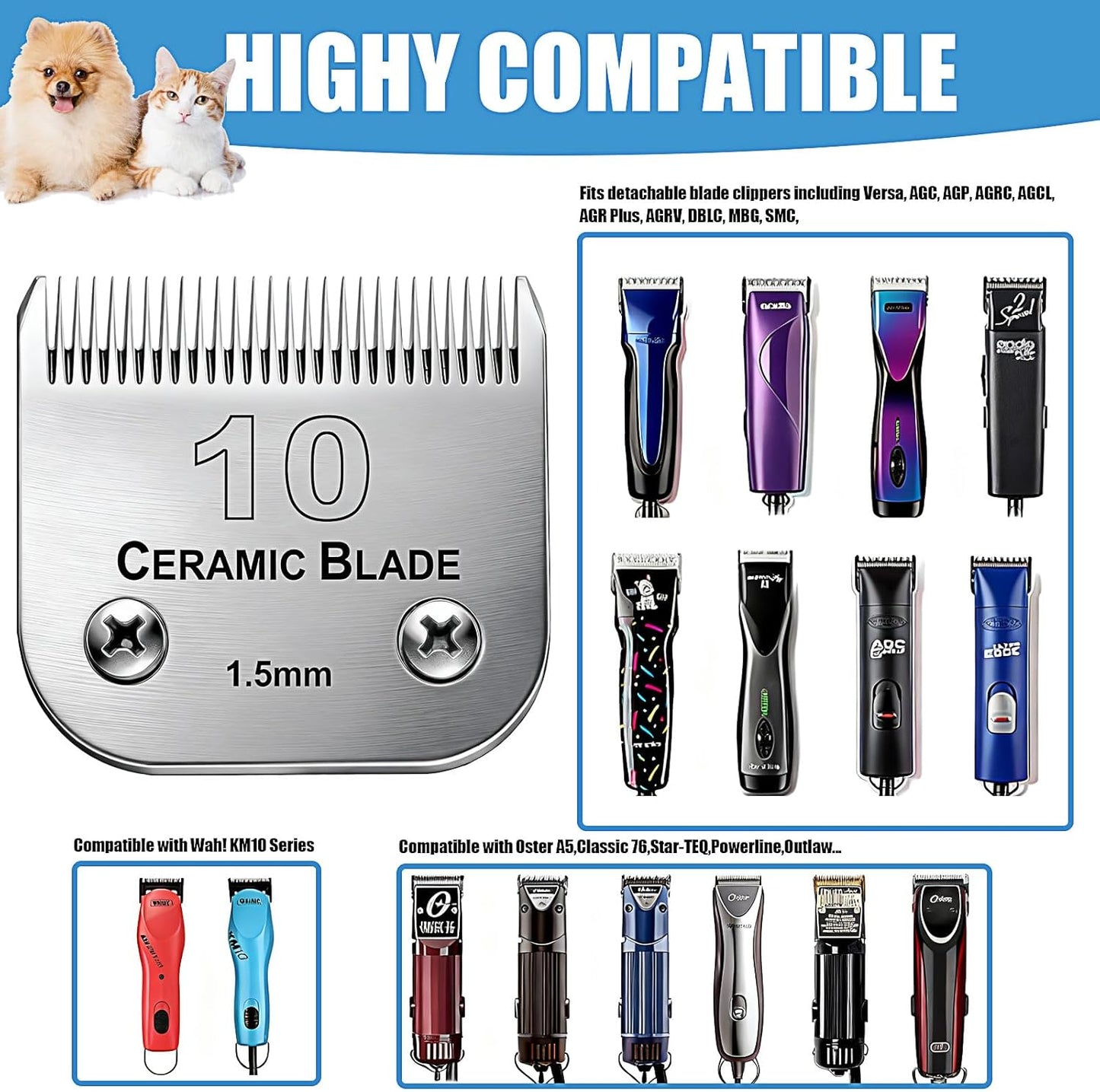 Dog Grooming Replacement Blades Compatible with Andis Dog Clipper, Dog Clipper Blades Compatible with Oster A5,Wahl KM-10 Series Dog Clipper,#10 Blades (1.5mm)