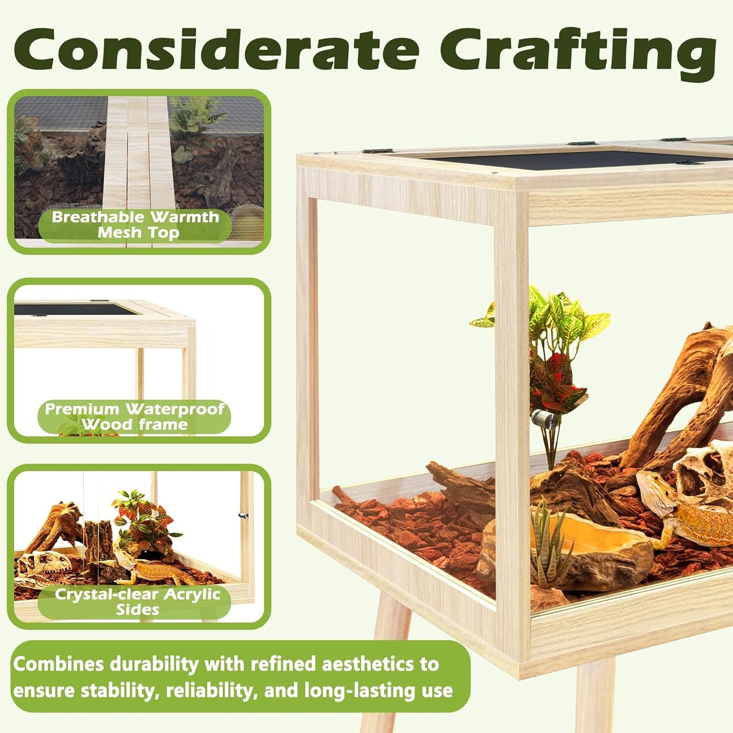 Prolee Bearded Dragon Tank with Leg Stand,Wooden Lizard Tank,Reptile Tank with Metal Mesh Roof Door, Acrylic Panel Snake Tank with Lock Design (Oak, 40"x20"x20")