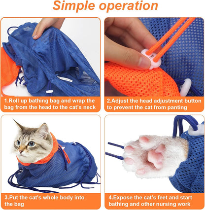 Breathable Mesh Anti Scratch Adjustable Cat Grooming Bag for Nail Trimming, Bathing - Polyester Soft Cat Washing Bag (Blue-Orange)