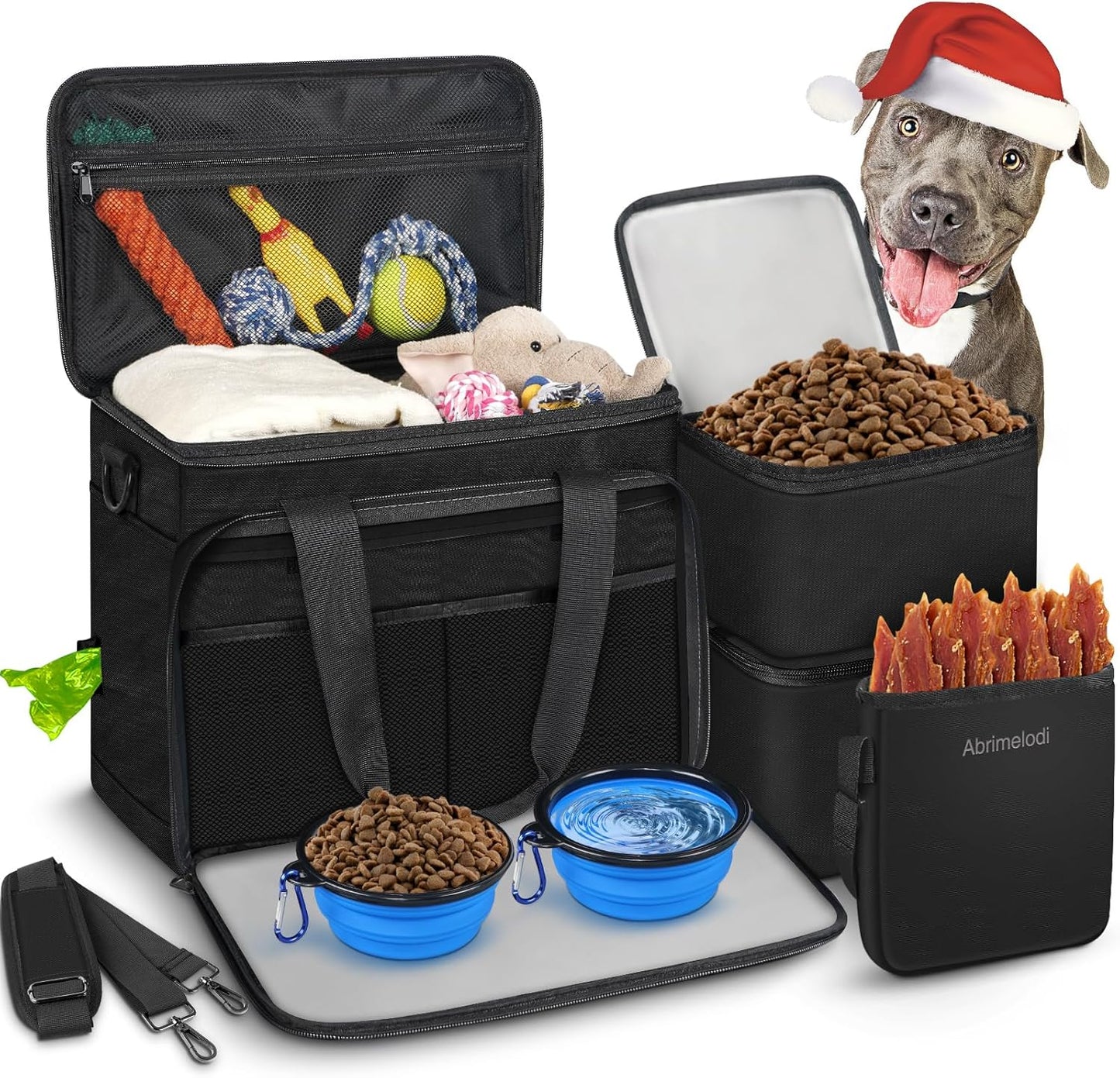 6 Set Dog Travel Bag, Large Pet Supplies for Dogs, Includes 2 Collapsible Dog Bowls, 2 Food Containers, 1 Treat Pouch with Pet Travel Bag, Black
