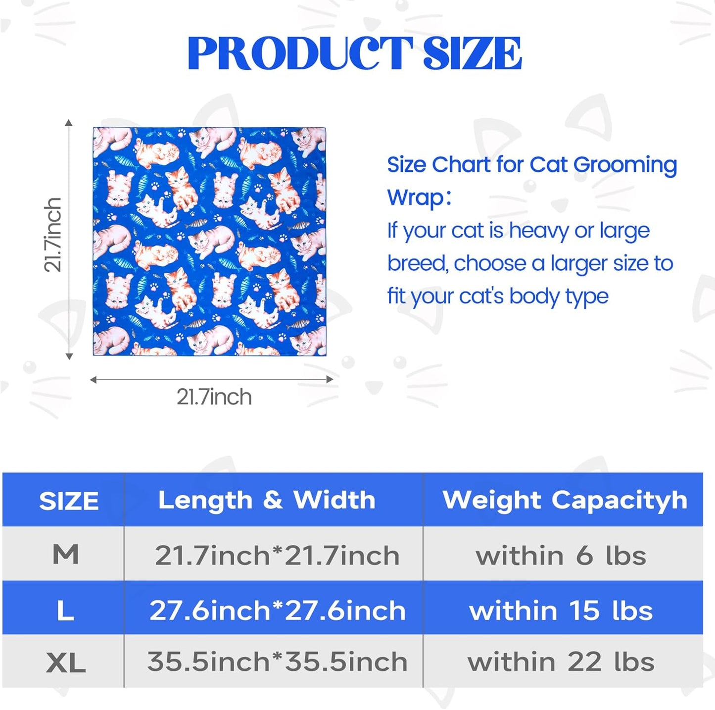 21.7“ Cat Wrap for Cutting Nails Self-Adherent Fabric Cat Wrap for Grooming Cat Restraint for Nail Clipping Anti-Escape Cat Calming Wrap Within 6lbs