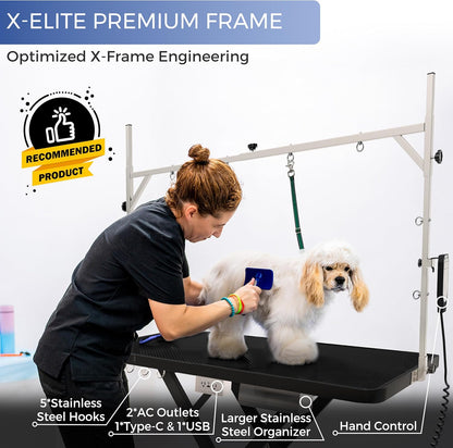 Professional Super Low-Step Electric Dog Grooming Table 49.2", Heavy Duty, Anti-Slip Tabletop, Height Adjustable Dog Table with Lockable Casters, Stainless Grooming Overhead Arm, Dog Grooming Station