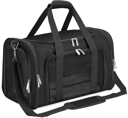 Soft-Sided Cat/Dog/Pet Carrier, Collapsible Pets Travel Carriers for Big Cats/Small Dogs with Shoulder Strap & Removable Mat, Mesh Puppy Carry Bag, Up to 25 Lbs(Black)