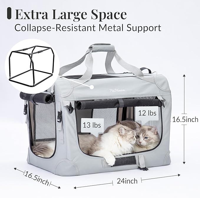 Extra Large Cat Carrier for 2 Cats, Collapsible Soft Sided Pet XL Crate for Large Mudium Big Cat 20lbs+, Car Travel Portable Bag for Long Trips Ride 24"x16.5"x16.5"
