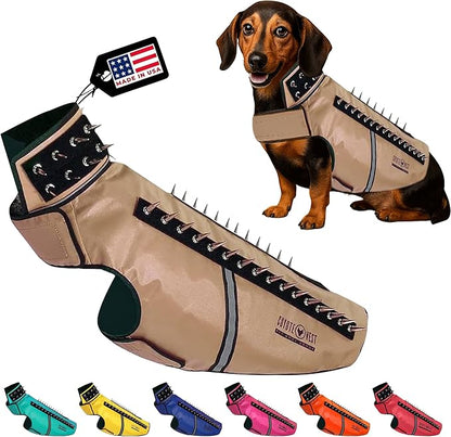 CoyoteVest SpikeVest Dog Harness Vest for Small Dogs, Reflective Dog Vest with Spikes to Shield Your pet from Coyotes, Raptor and Animal Attacks, Anti Hawk Vest, Made in USA (L-Texas Tan)