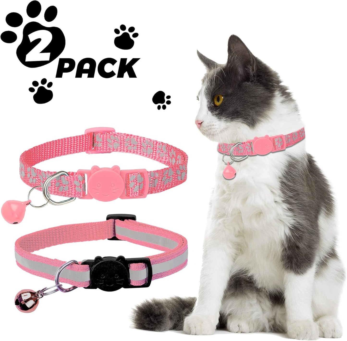 BANMODER 2 Pack Reflective Cat Collar Breakaway with Bell,Personalized Kitten Collars,Adjustable Safety Buckle Collar for Male Cats Girls & Boys (Pink)
