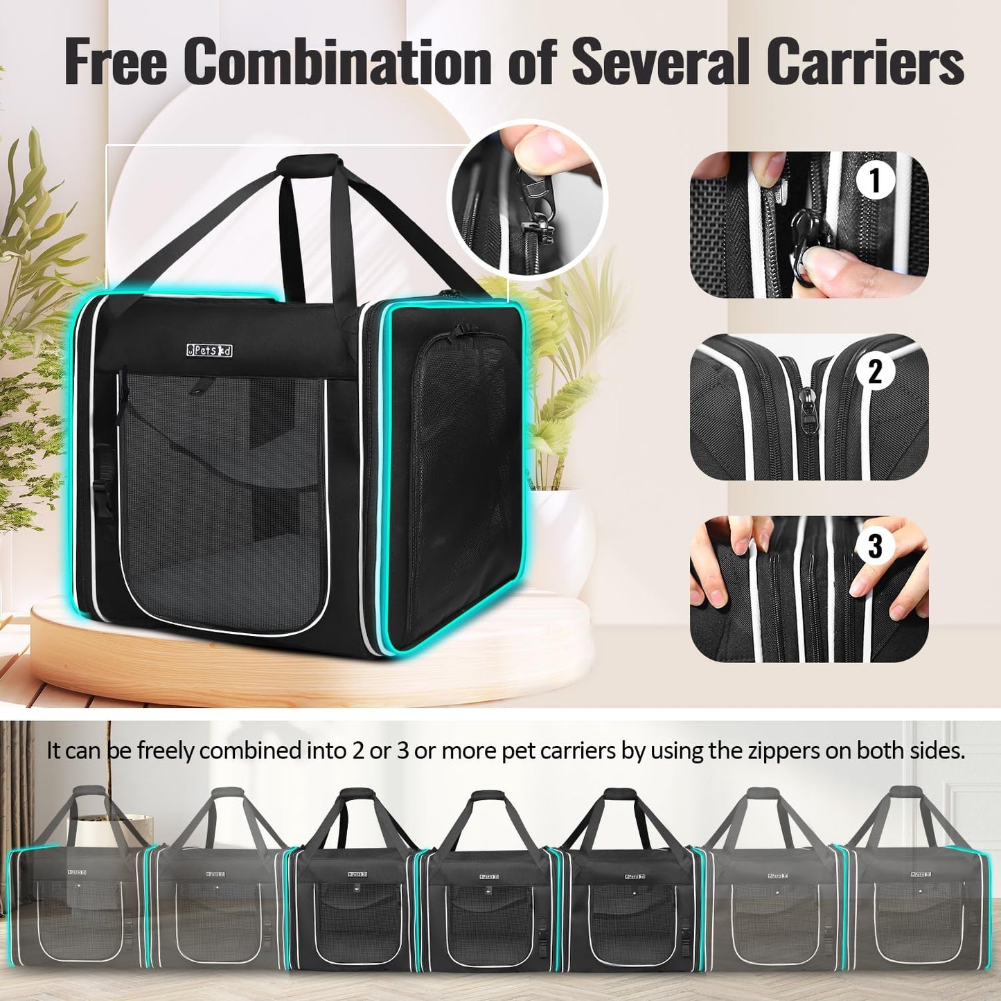 Petskd Combinable Pet Carrier for Large Cat or Medium Dog, 18"x17"x17" Large Cat Carrier for Car Travel, 2 Small Pet Soft Carriers with Food Bag, Bowl and Safety Locking Zippers for Vet, Camping