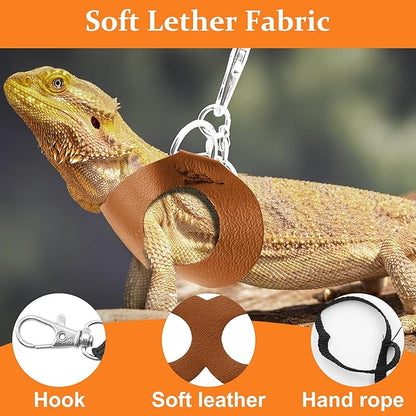 Bearded Dragon Harness and Leash Set, 3-Size Adjustable Soft Leather Reptile Leash for Training & Walking, Lizard Harness with Traction Rope, Walking Vest for Small Animal Outdoor (Brown)
