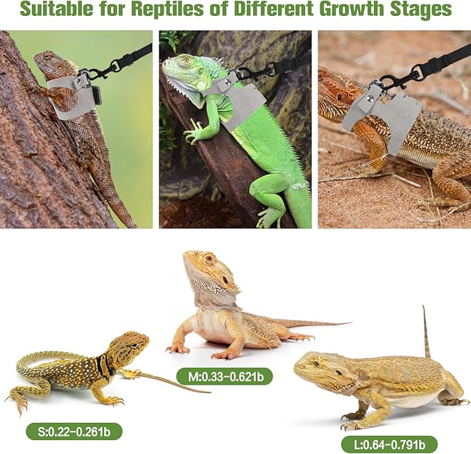 Bearded Dragon Harness Leash Set 3 Size Adjustable Lizards Training Walking Leather Vest Escape-Proof Traction Rope for Outdoor Small Reptiles Animal Squirrels (Grey)