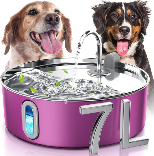 Dog Water Fountain for Large Dogs 7L/236oz Stainless Steel Dog Water Bowl Dispenser Automatic Pet Water Fountain, Multi-Filtration Pet Fountain with Ultra-Quiet Pump (Pink)