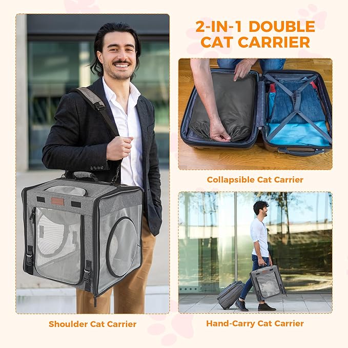 PETUX 2-in-1 Double Cat Carrier for Multiple Cats - Large Cat Travel Carrier with Litter Box, Play Tunnels, and Hammock - Portable Pet Carriers for Long Car Trips ＆ Vet Visit (34"x17"x17", Grey)