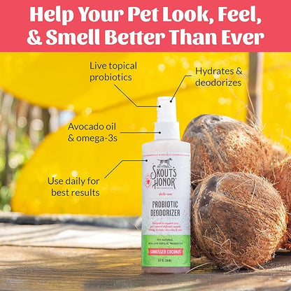SKOUT'S HONOR Probiotic Pet Deodorizer Spray- Hydrating Daily-Use with Avocado Oil & Omega-3s, Microbiome Friendly Certiified, Paraben & Sulfate-Free, 97% Natural, 8oz, Sunkissed Coconut