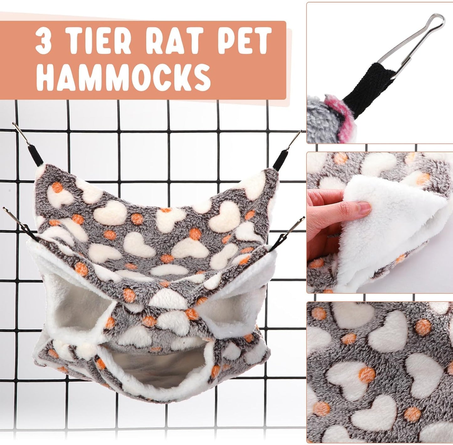 Sweetude 6 Pcs Rat Hammock Set Ferret Hanging Tunnel 3 Tier Guinea Pig Hammocks Hideout Soft Chinchilla Bed for Cage Accessories Hide,Play and Sleep(Cute,Heart)