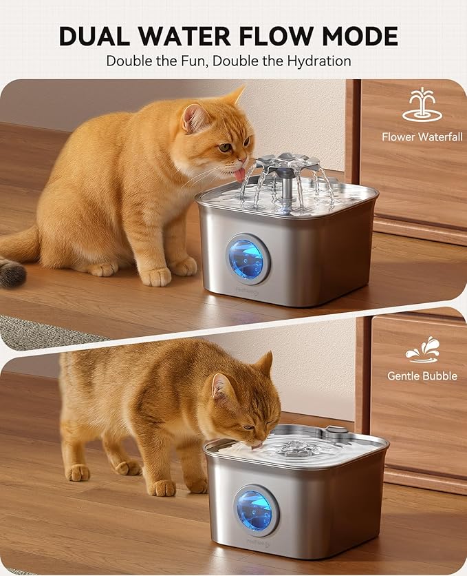 Stainless Steel Cat Water Fountain for Drinking with 3 Filters, 2.8L Auto Pet Drinking Fountain for Cats with 20dB Ultra-Quiet Pump, 24/7 Circulation Filtration LED Water Level Window Dishwasher Safe